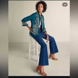 NWT Soft Surroundings Embroidered Open Cardigan Size S Teal Boho Western